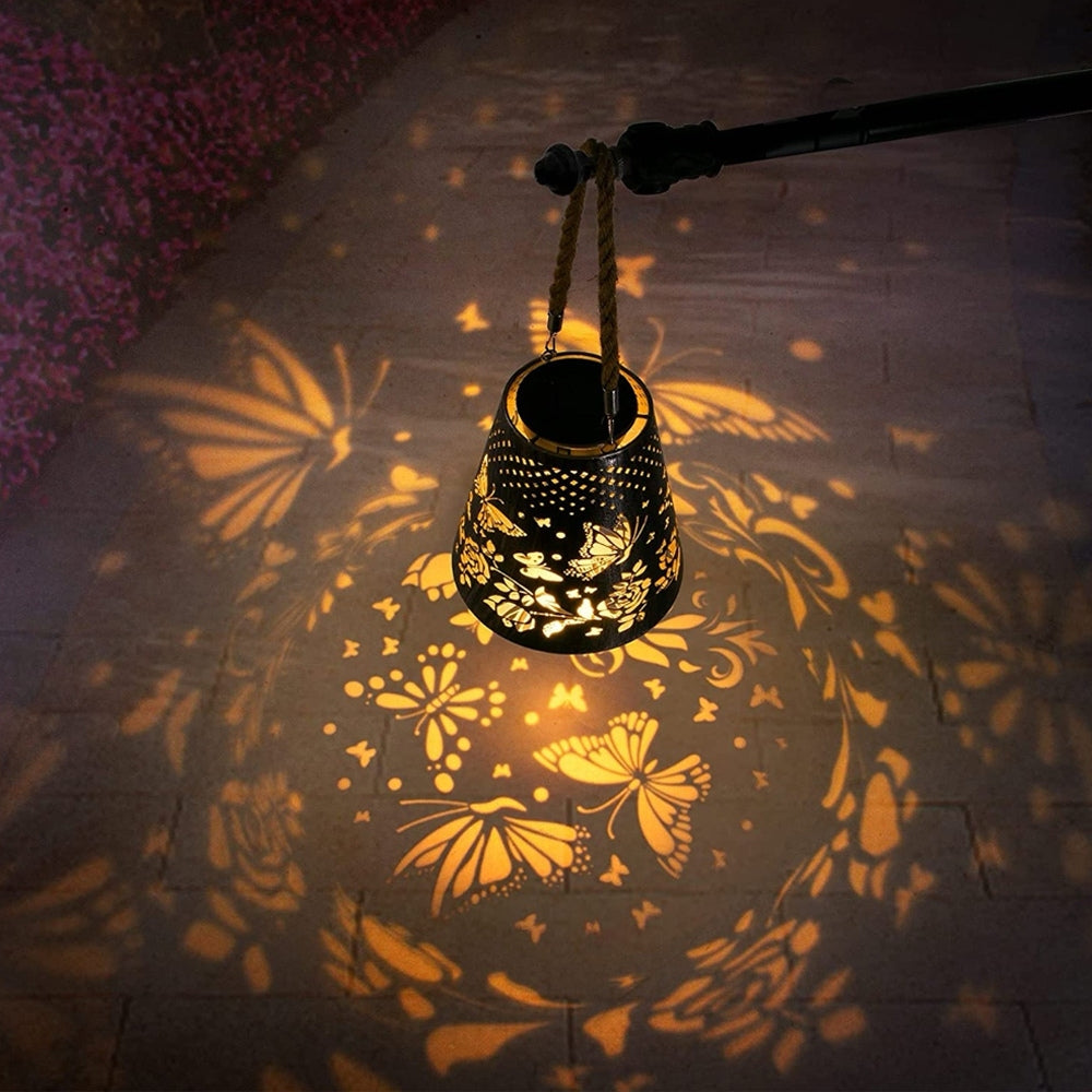 Solar Powered LED Hanging Lantern Butterfly Flower Projection Lamp_0